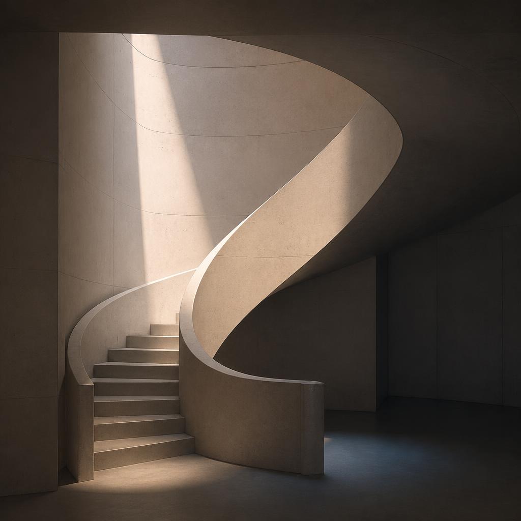 Escadaria curva de concreto iluminada por um feixe de luz